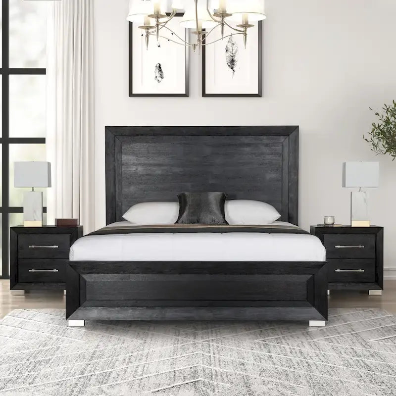Modern Black Solid Wood Bed and 2 Nightstand Bedroom Package With LED Headboard