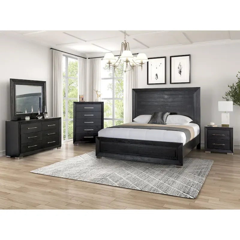 Modern Black Solid Wood Bed and 2 Nightstand Bedroom Package With LED Headboard