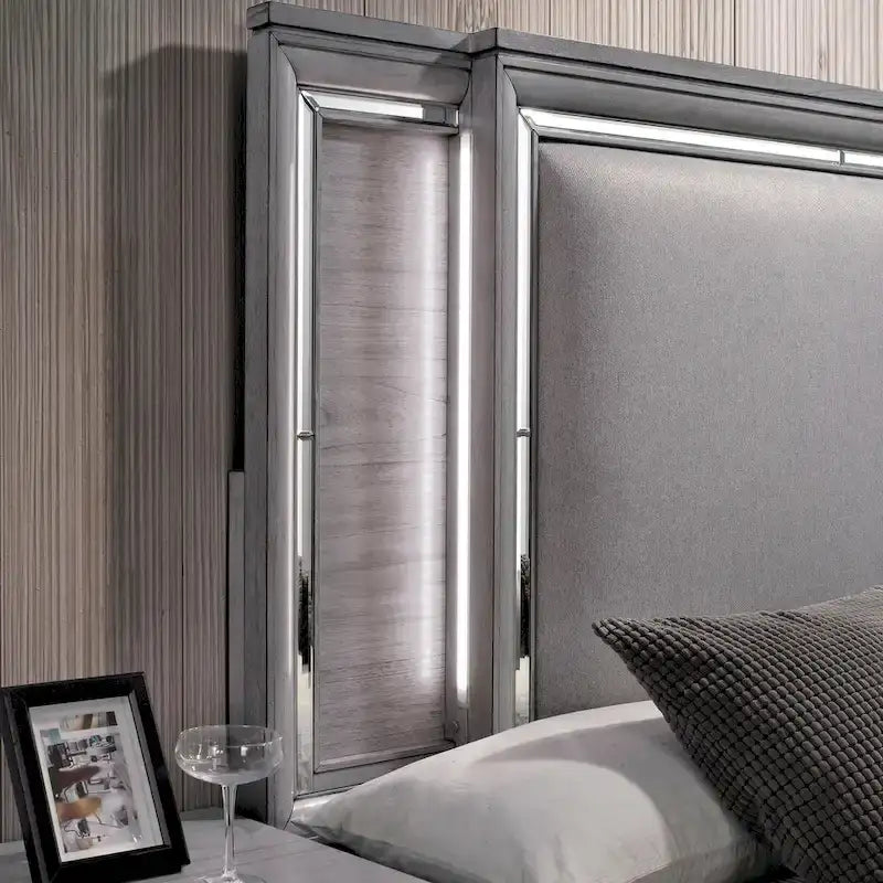Contemporary Grey 2-Piece Panel Bed and Chest with LED