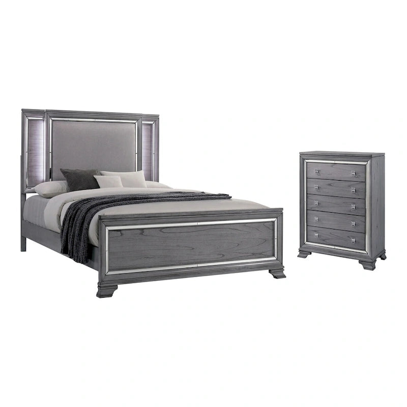 Contemporary Grey 2-Piece Panel Bed and Chest with LED