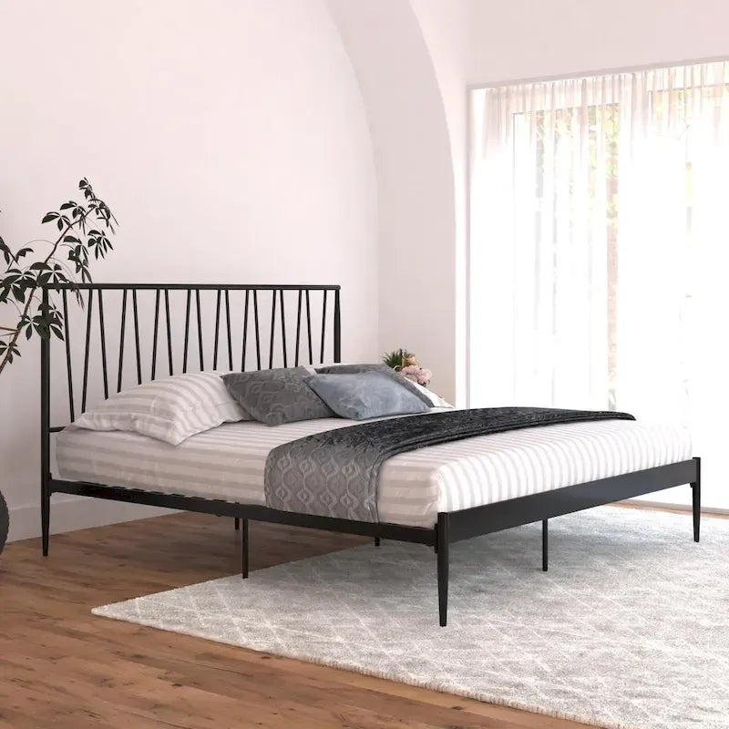 Metal Bed Frame with Geometric Panel Headboard