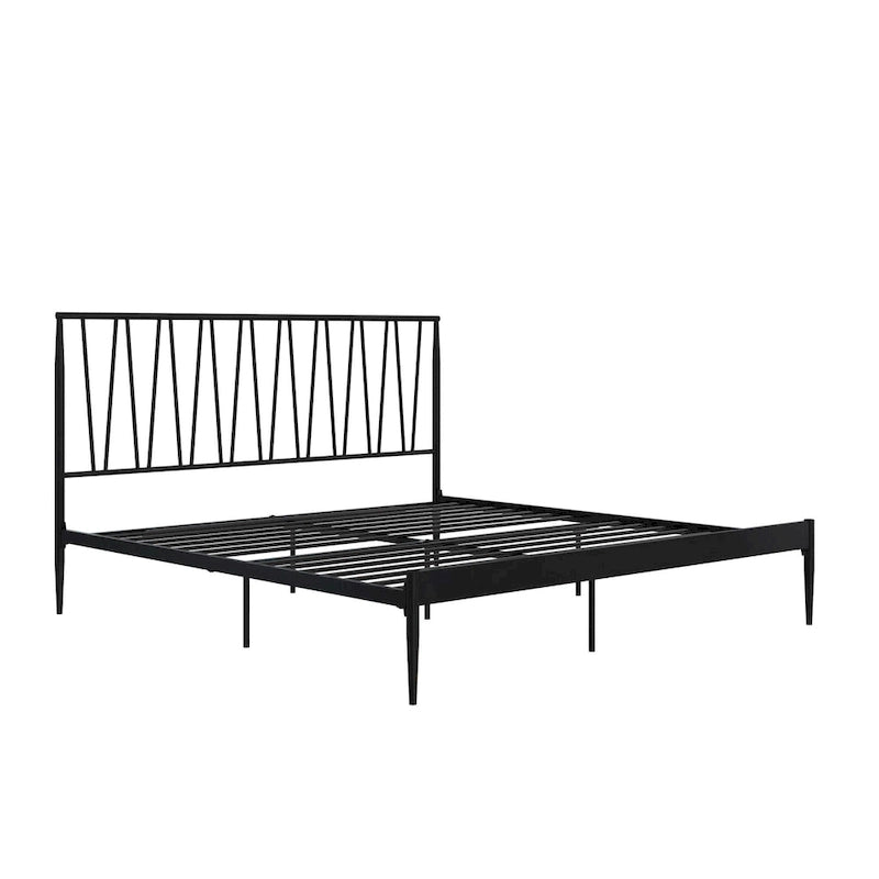 Metal Bed Frame with Geometric Panel Headboard