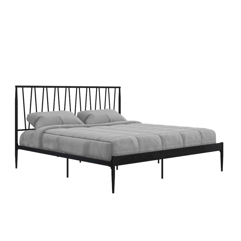 Metal Bed Frame with Geometric Panel Headboard