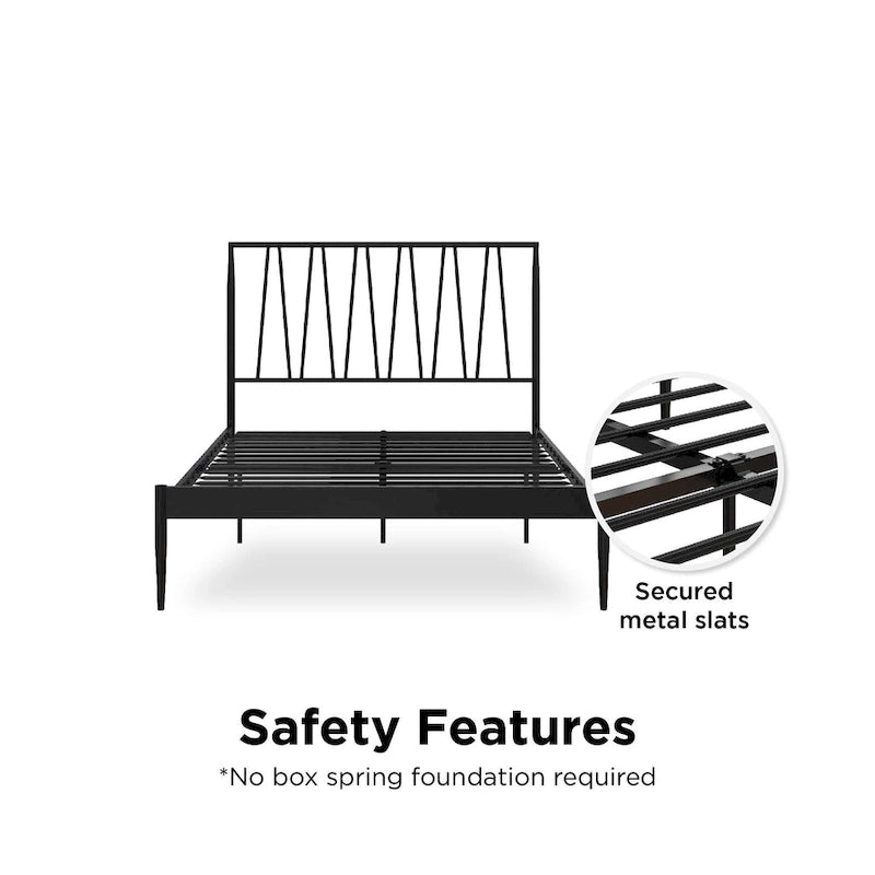 Metal Bed Frame with Geometric Panel Headboard