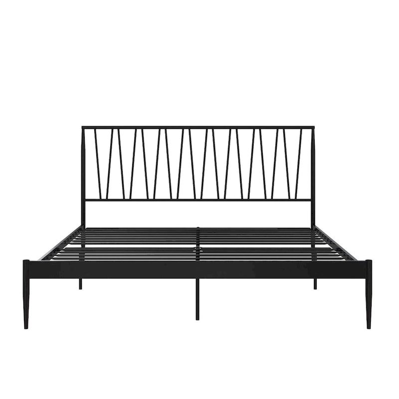 Metal Bed Frame with Geometric Panel Headboard