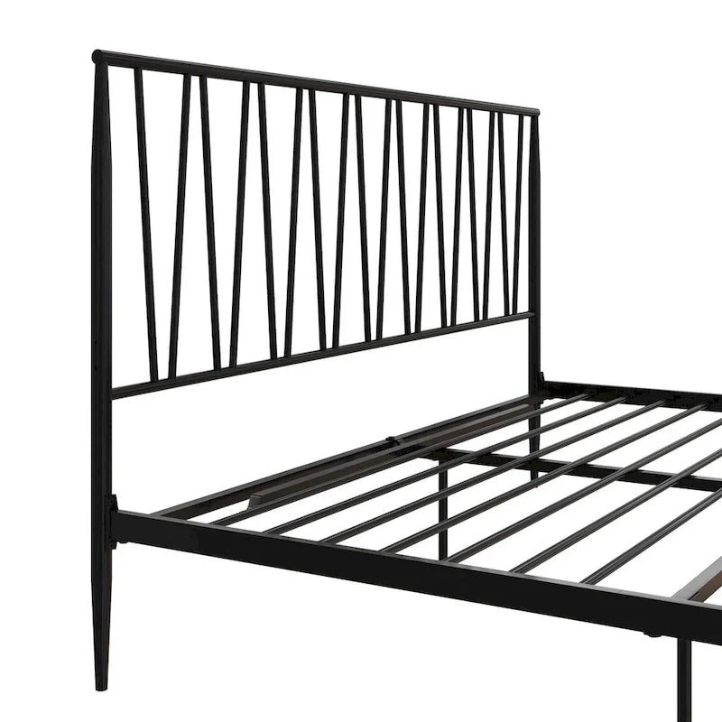 Metal Bed Frame with Geometric Panel Headboard