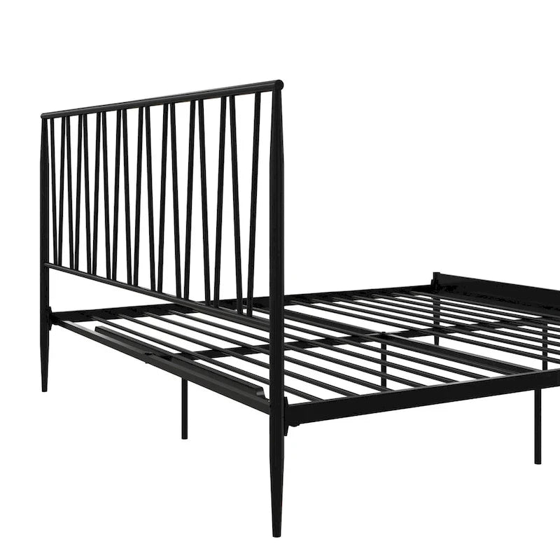 Metal Bed Frame with Geometric Panel Headboard