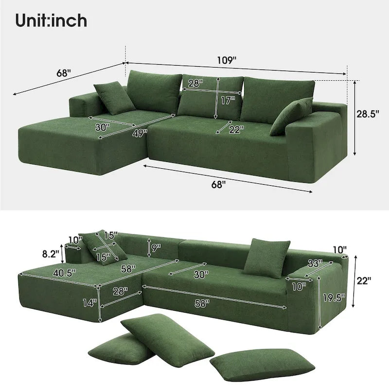 109-inch Green Modular L-shaped Minimalist Upholstered Sectional Sofa with Two Pieces - 109W x 68D x 28.5H