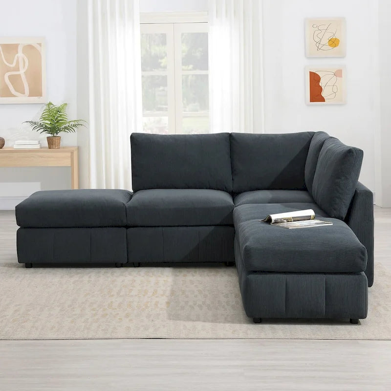 Modern L-Shape 5-Seat Sectional Sofa, Armless Couch, Ottomans, Dark Gray