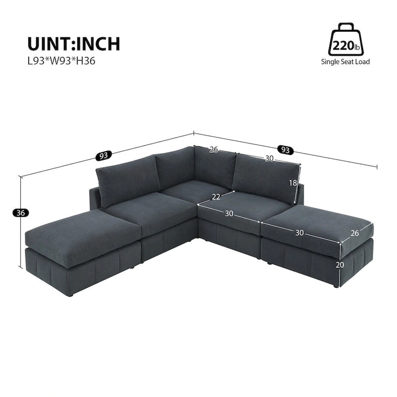 Modern L-Shape 5-Seat Sectional Sofa, Armless Couch, Ottomans, Dark Gray