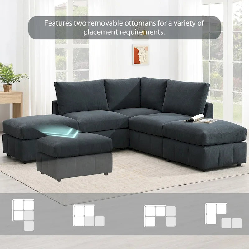 Modern L-Shape 5-Seat Sectional Sofa, Armless Couch, Ottomans, Dark Gray