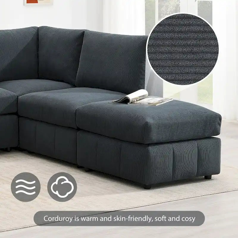 Modern L-Shape 5-Seat Sectional Sofa, Armless Couch, Ottomans, Dark Gray