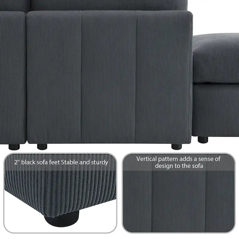 Modern L-Shape 5-Seat Sectional Sofa, Armless Couch, Ottomans, Dark Gray