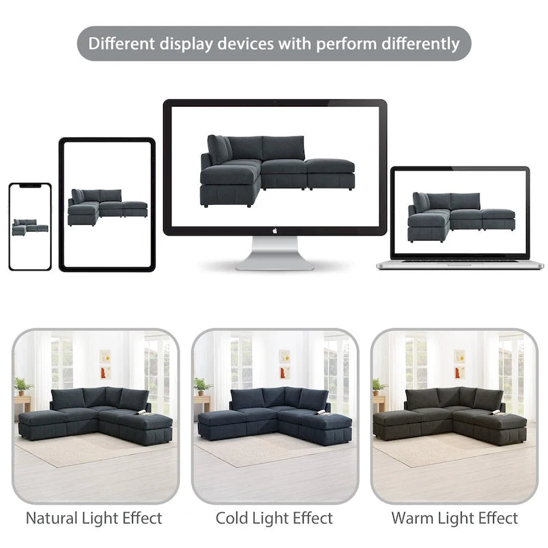 Modern L-Shape 5-Seat Sectional Sofa, Armless Couch, Ottomans, Dark Gray