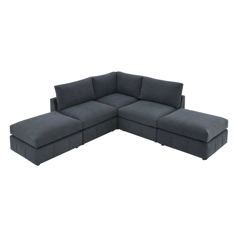 Modern L-Shape 5-Seat Sectional Sofa, Armless Couch, Ottomans, Dark Gray