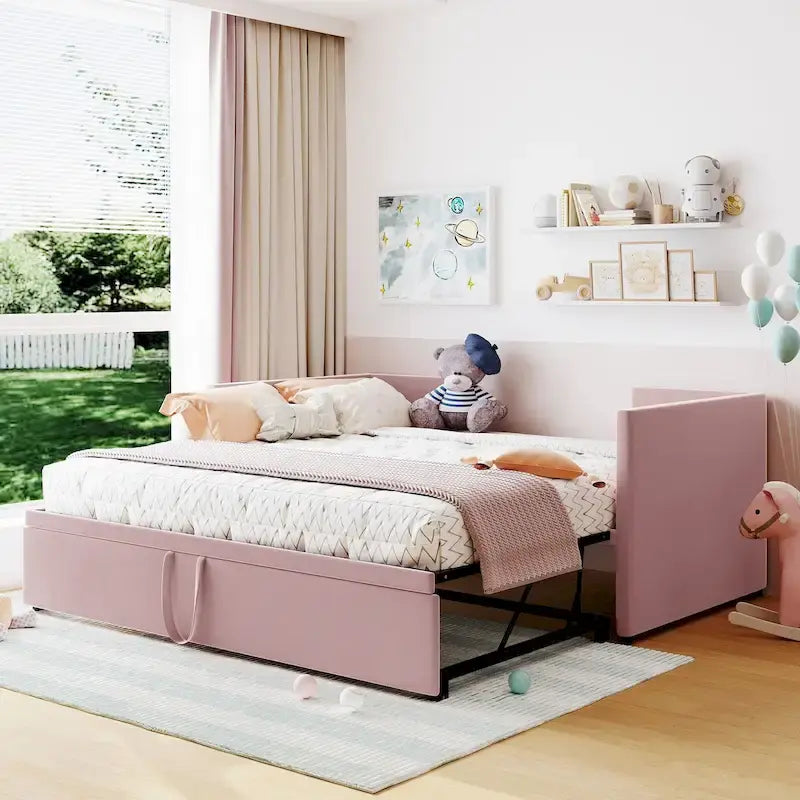 Velvet Upholstered Twin Daybed, Pop Up Trundle, Expandable to King Size, Versatile