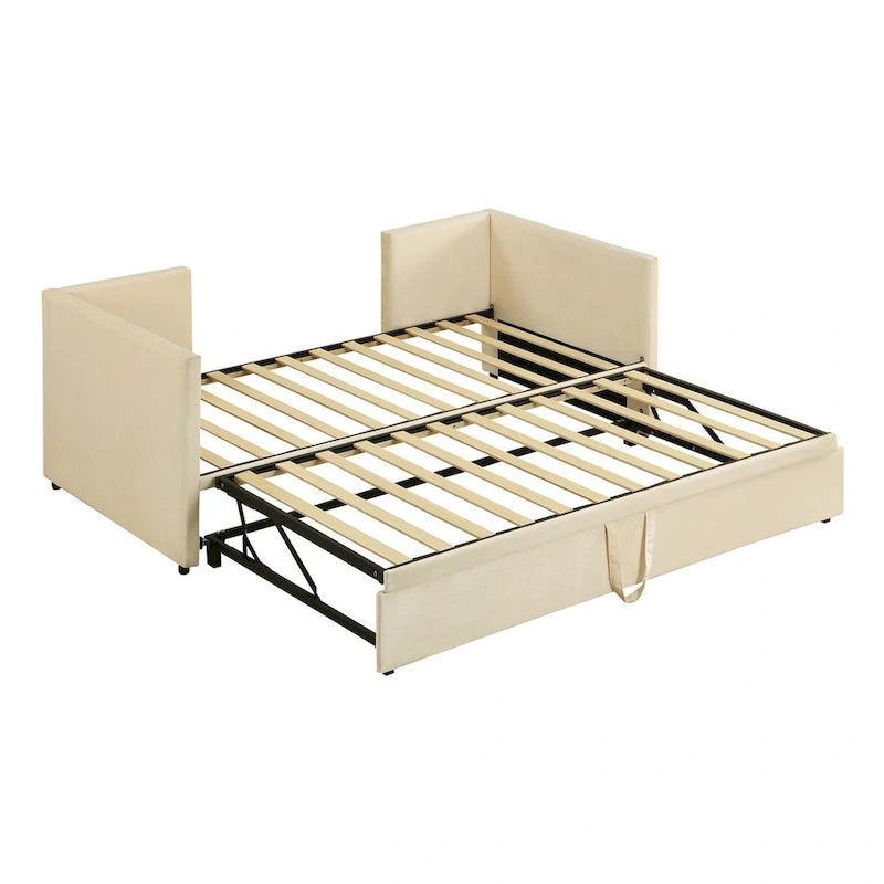 Velvet Upholstered Twin Daybed, Pop Up Trundle, Expandable to King Size, Versatile