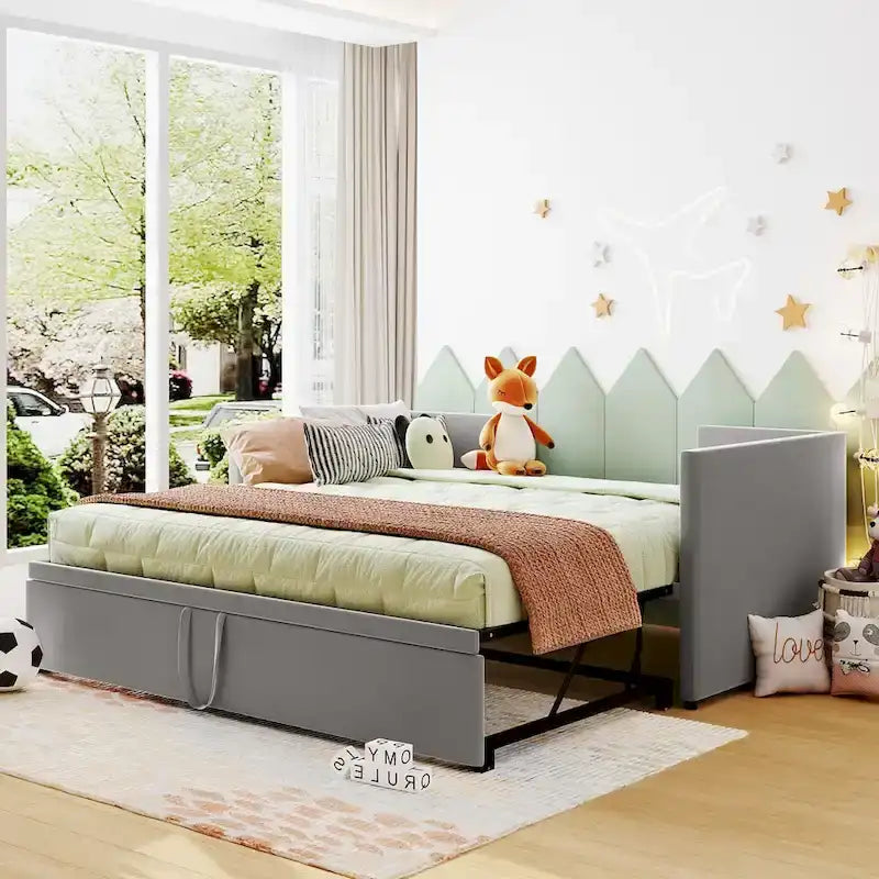 Velvet Upholstered Twin Daybed, Pop Up Trundle, Expandable to King Size, Versatile