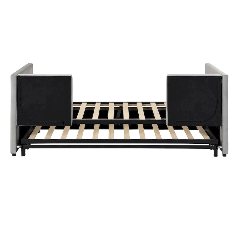 Velvet Upholstered Twin Daybed, Pop Up Trundle, Expandable to King Size, Versatile