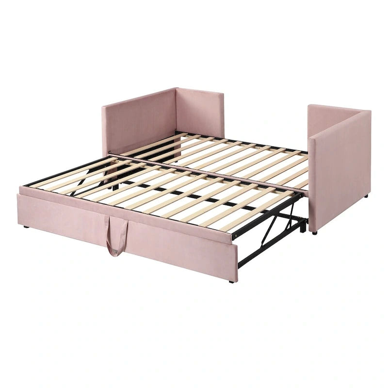 Velvet Upholstered Twin Daybed, Pop Up Trundle, Expandable to King Size, Versatile