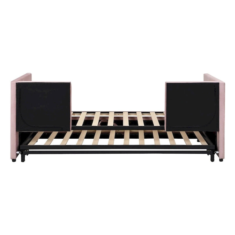 Velvet Upholstered Twin Daybed, Pop Up Trundle, Expandable to King Size, Versatile