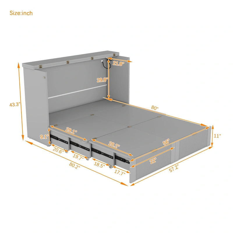 Full Size Murphy Bed Wall Bed with Drawer and Sockets & USB Ports