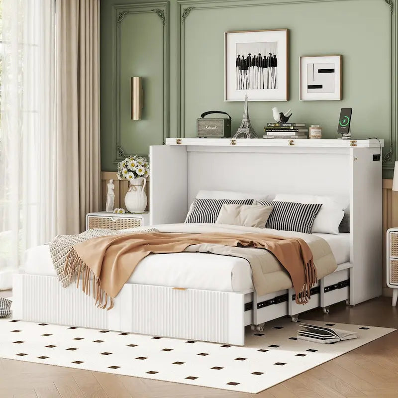 Full Size Murphy Bed Wall Bed with Drawer and Sockets & USB Ports