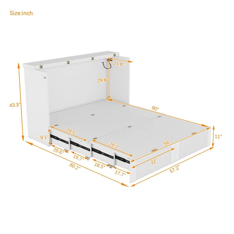Full Size Murphy Bed Wall Bed with Drawer and Sockets & USB Ports