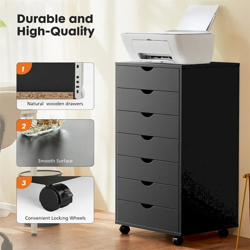 Mobile Wood Storage Cabinets with Wheels and 7 Drawer