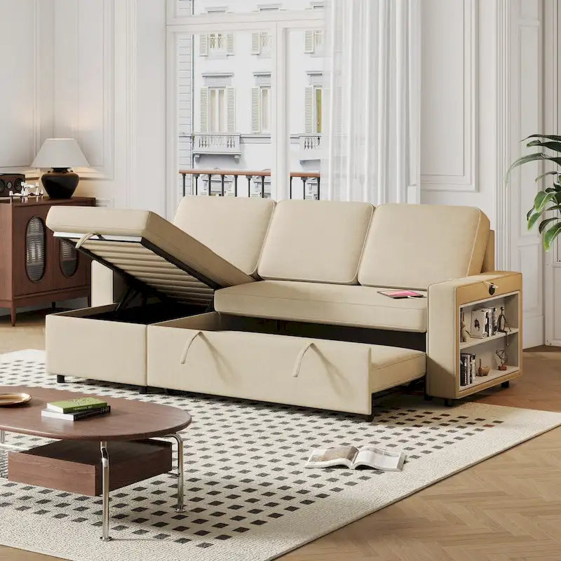 Convertible Sleeper Sofa Bed with Storage Chaise and USB Port, L-Shaped Couch,Beige